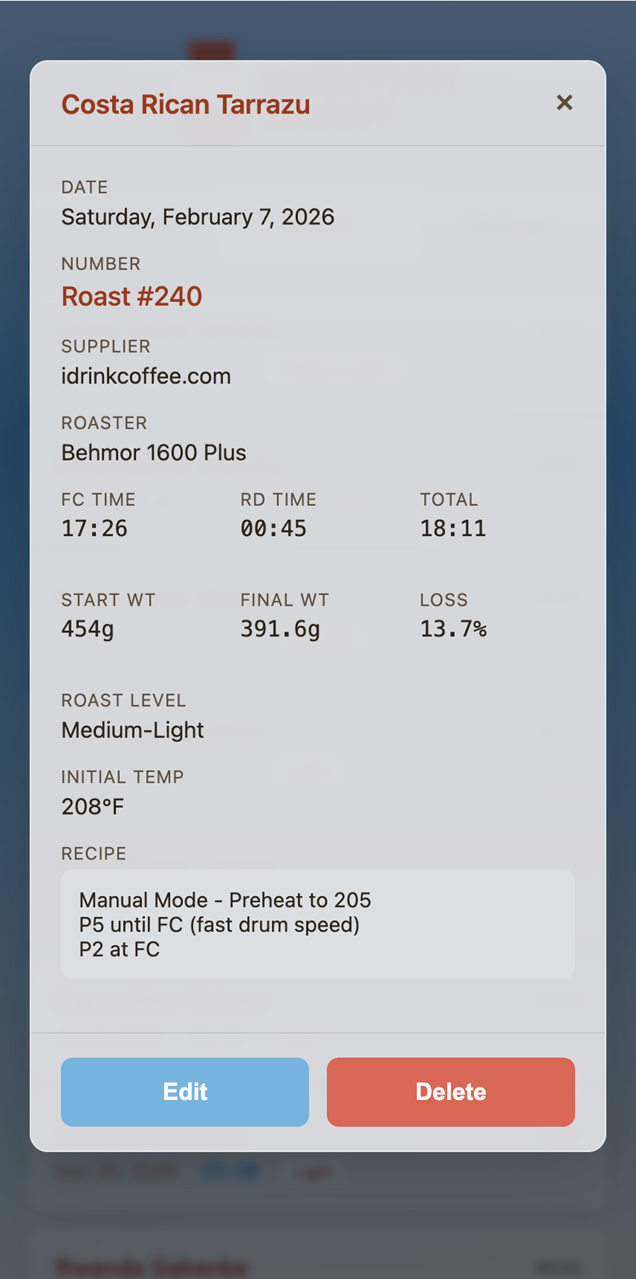 Roast detail view with tasting notes in Ambition Roast