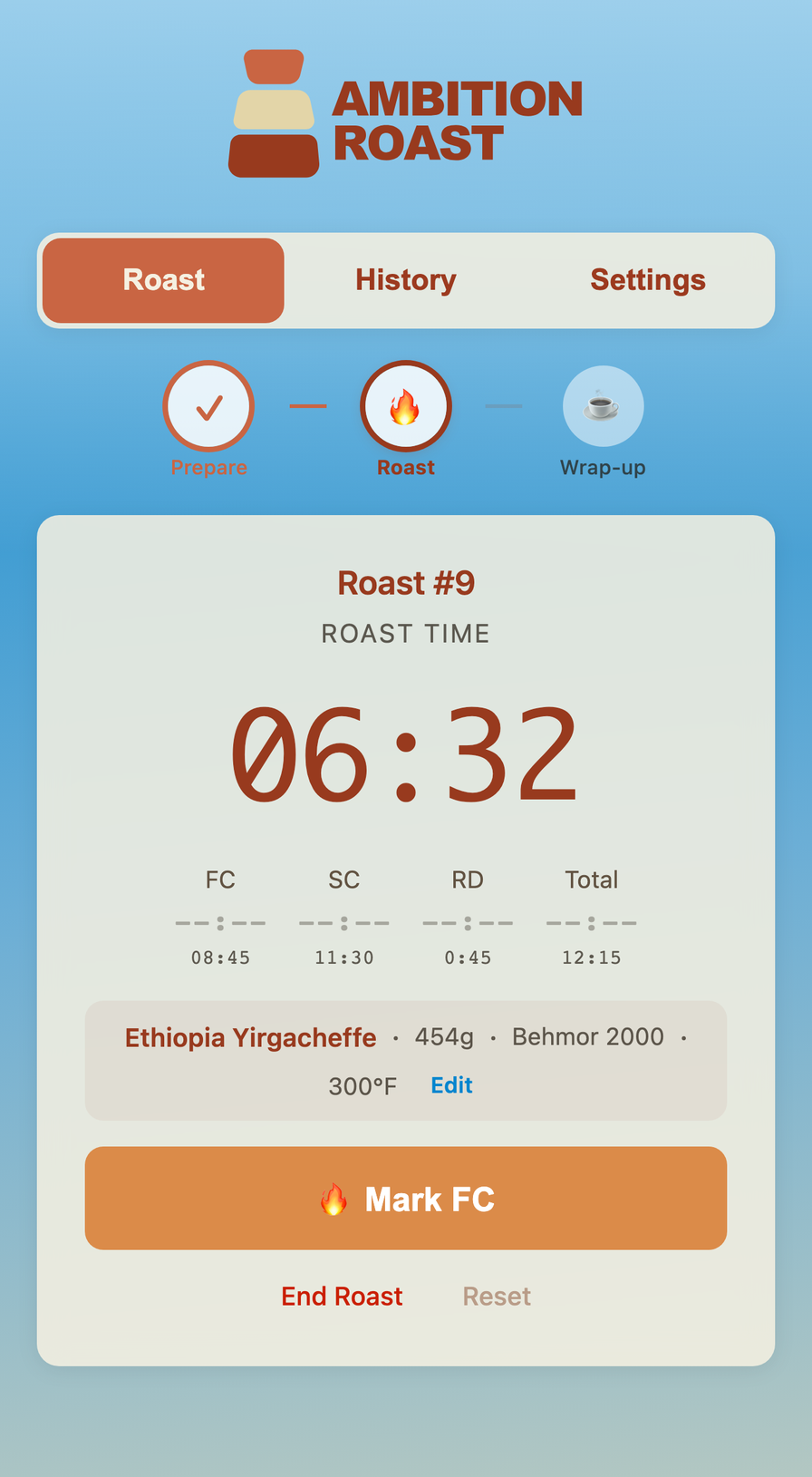 Live roast timer showing First Crack marked with controls for Second Crack and Roast Development