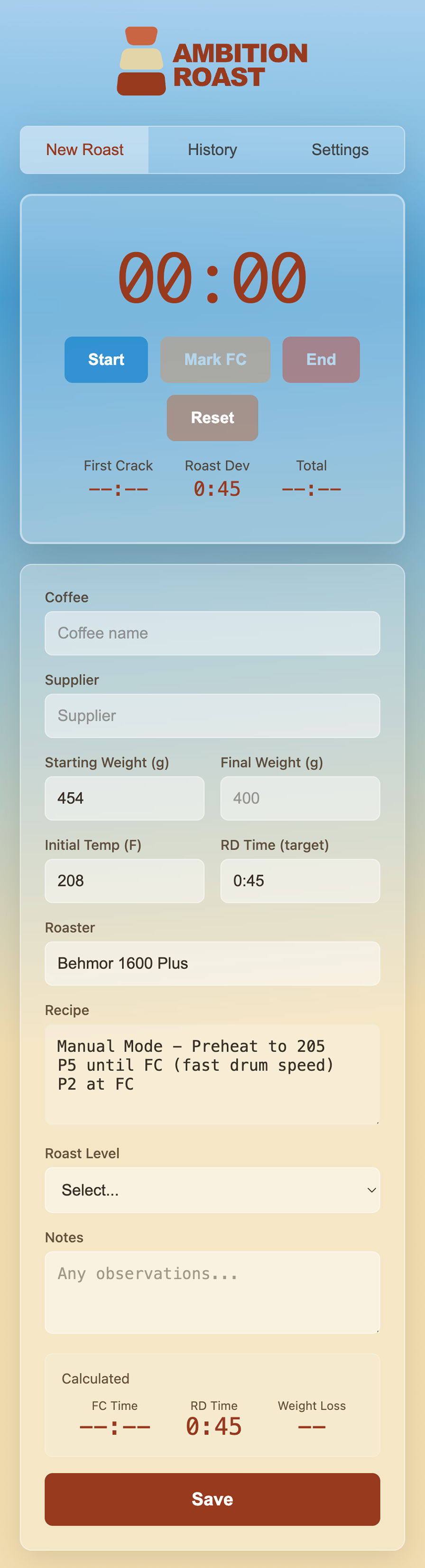 Ambition Roast new roast interface showing timer and input form