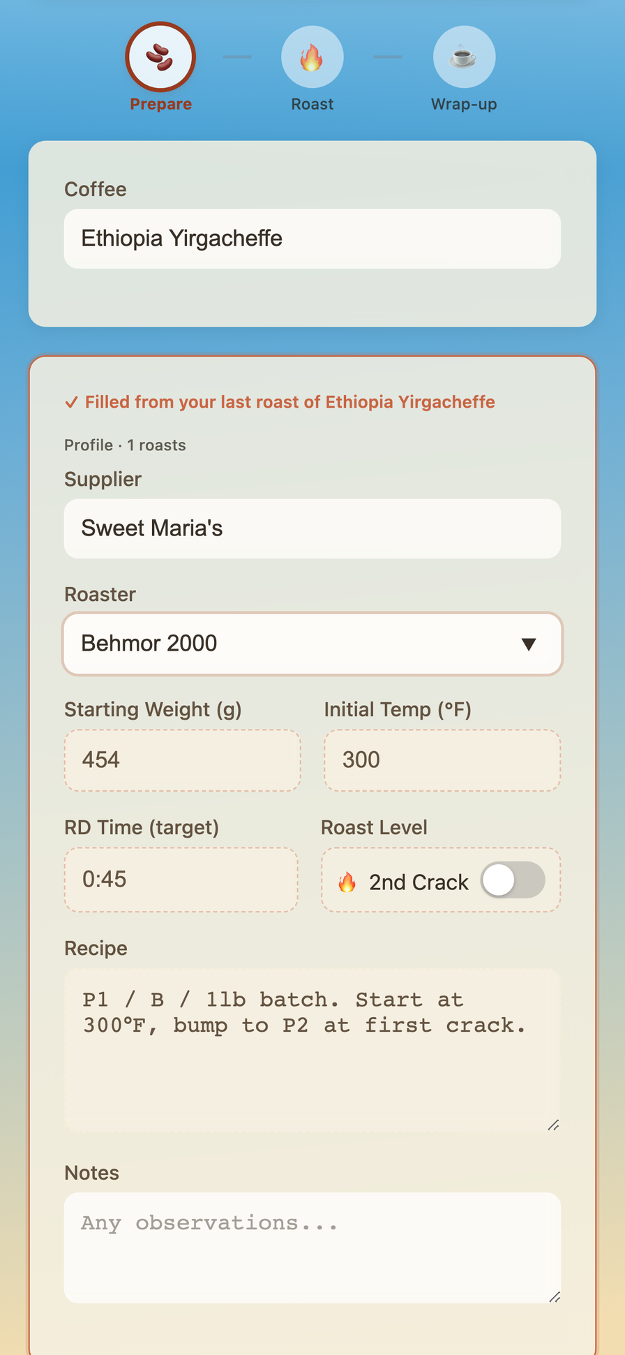 Prepare phase with auto-filled coffee details and recipe